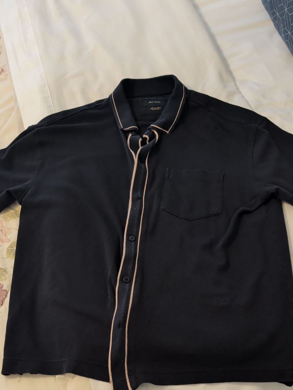Men's Black Casual Button-Down Shirt with Contrast Cream Piping